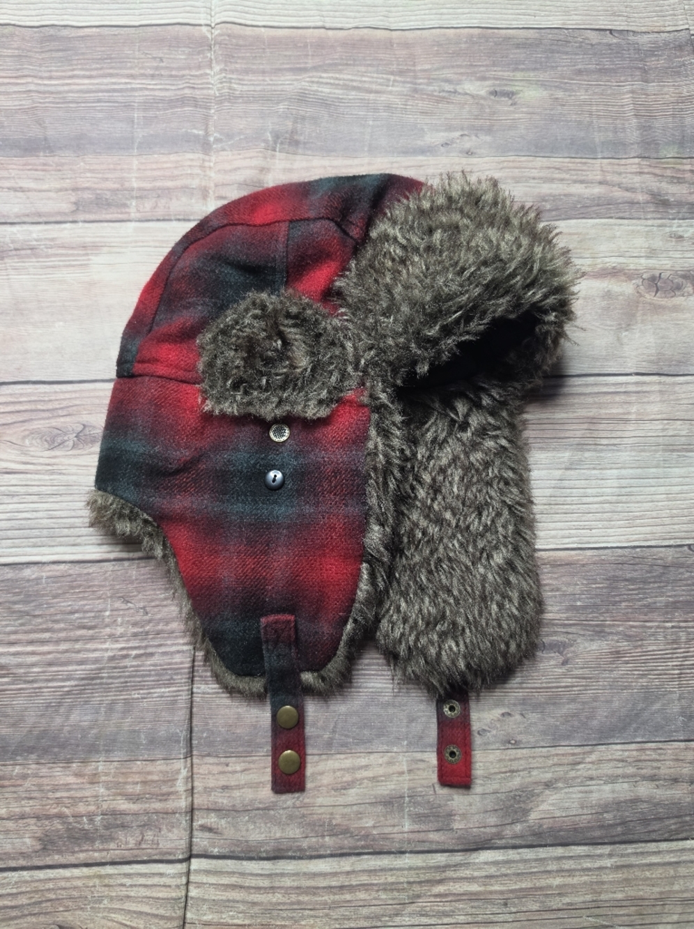 5/$15 Red Plaid Faux Fur Aviator Hat